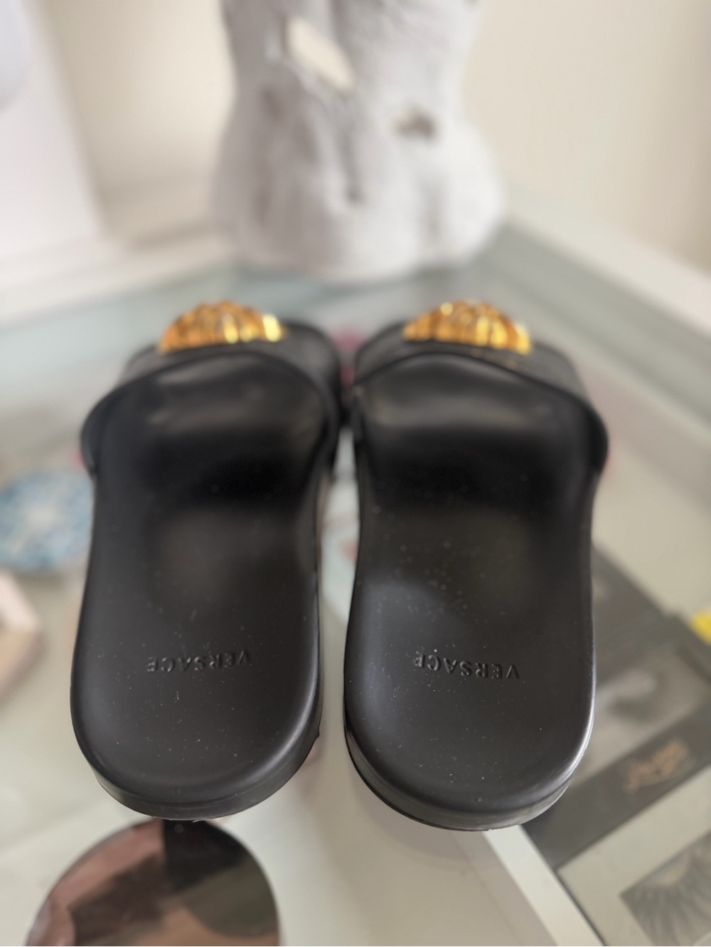VERSACE Black Slides with Gold Medusa Emblem - Picture 2 of 9